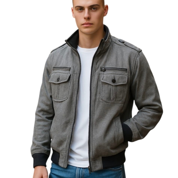 Wool Blend Military Style gray Bomber Jacket Gorpcore Black Rivet Sherpa sz XL - Picture 1 of 12